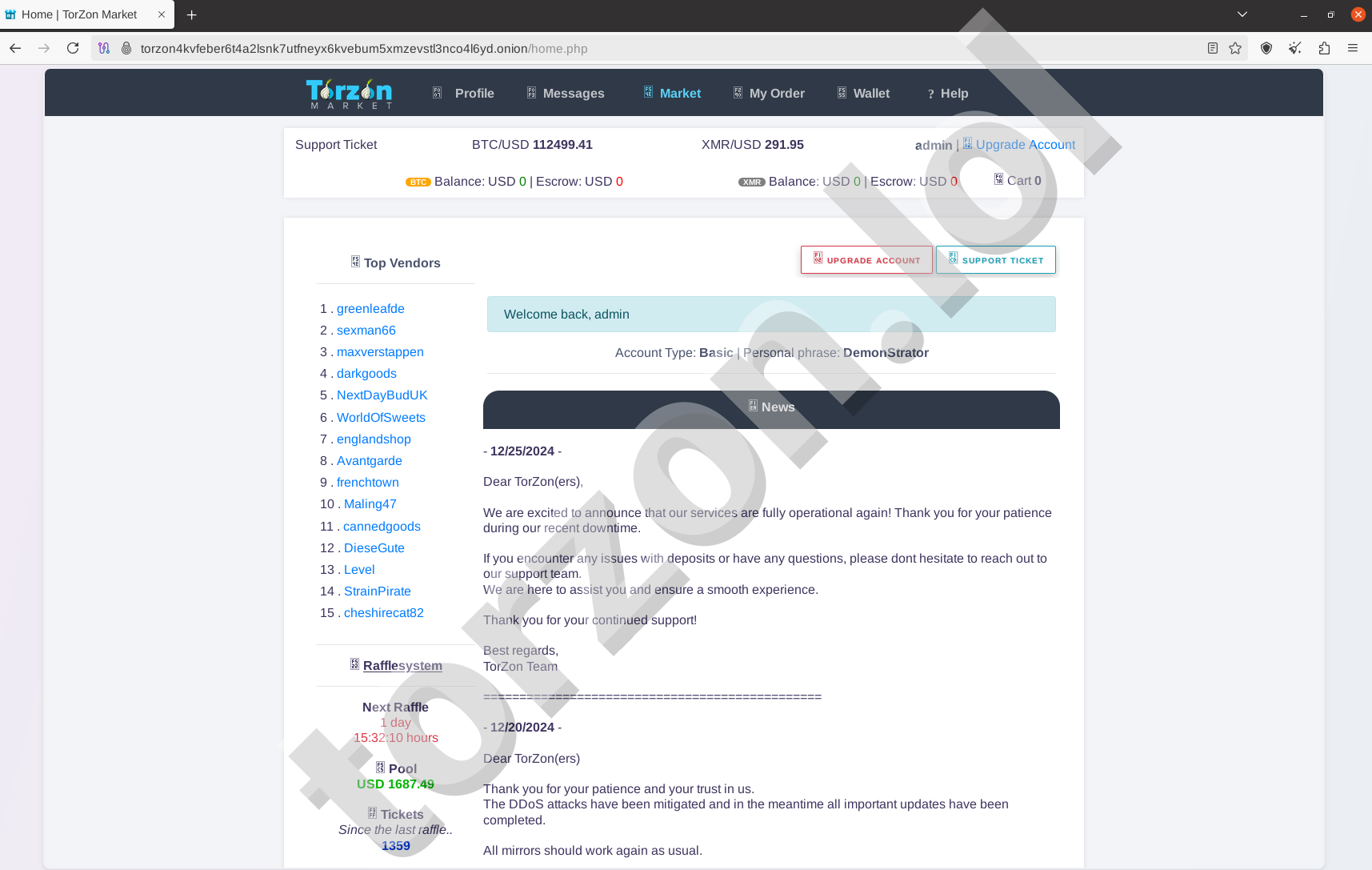 Torzon Darknet Market Homepage Interface
